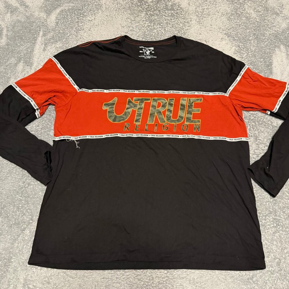 True Religion Shirt Mens 3XL Black Red Striped Long Sleeve T-Shirt Tee ***